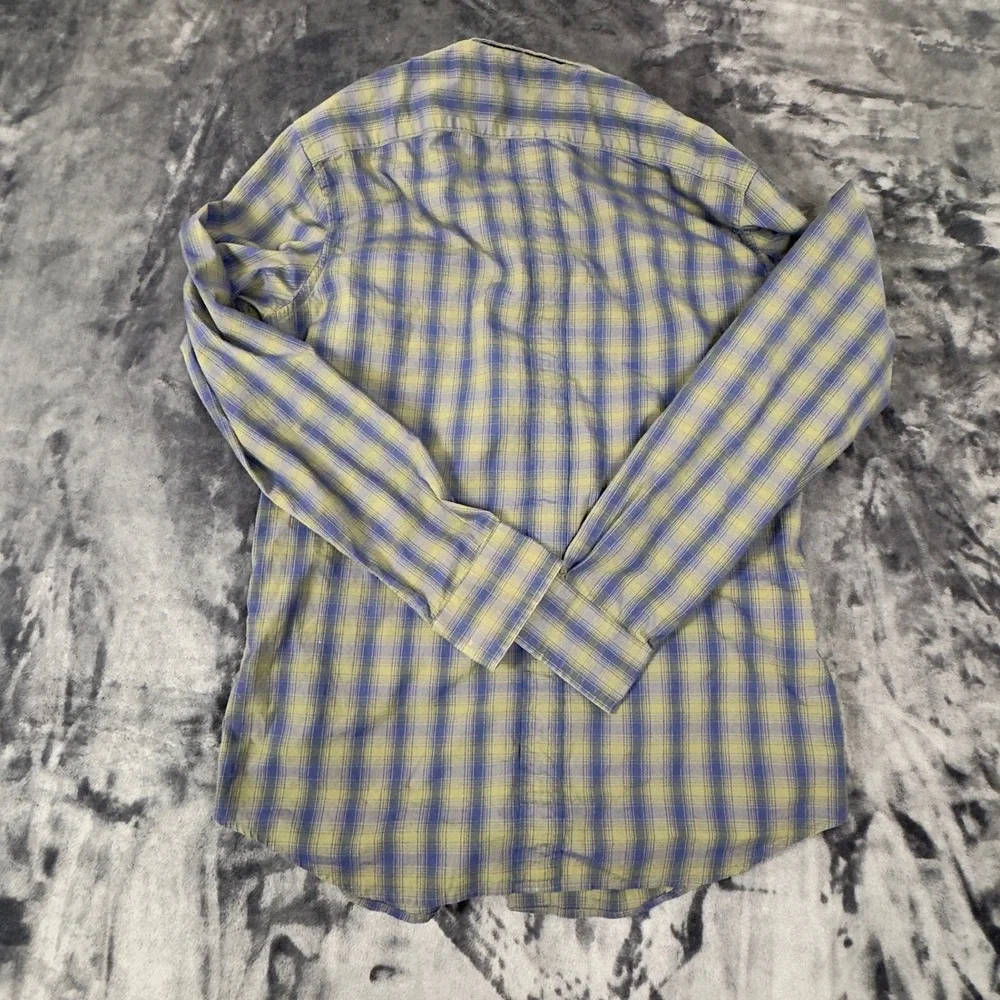 Banana Republic Button Down Shirt Mens S Blue Olive Plaid Stretch Long Sleeve